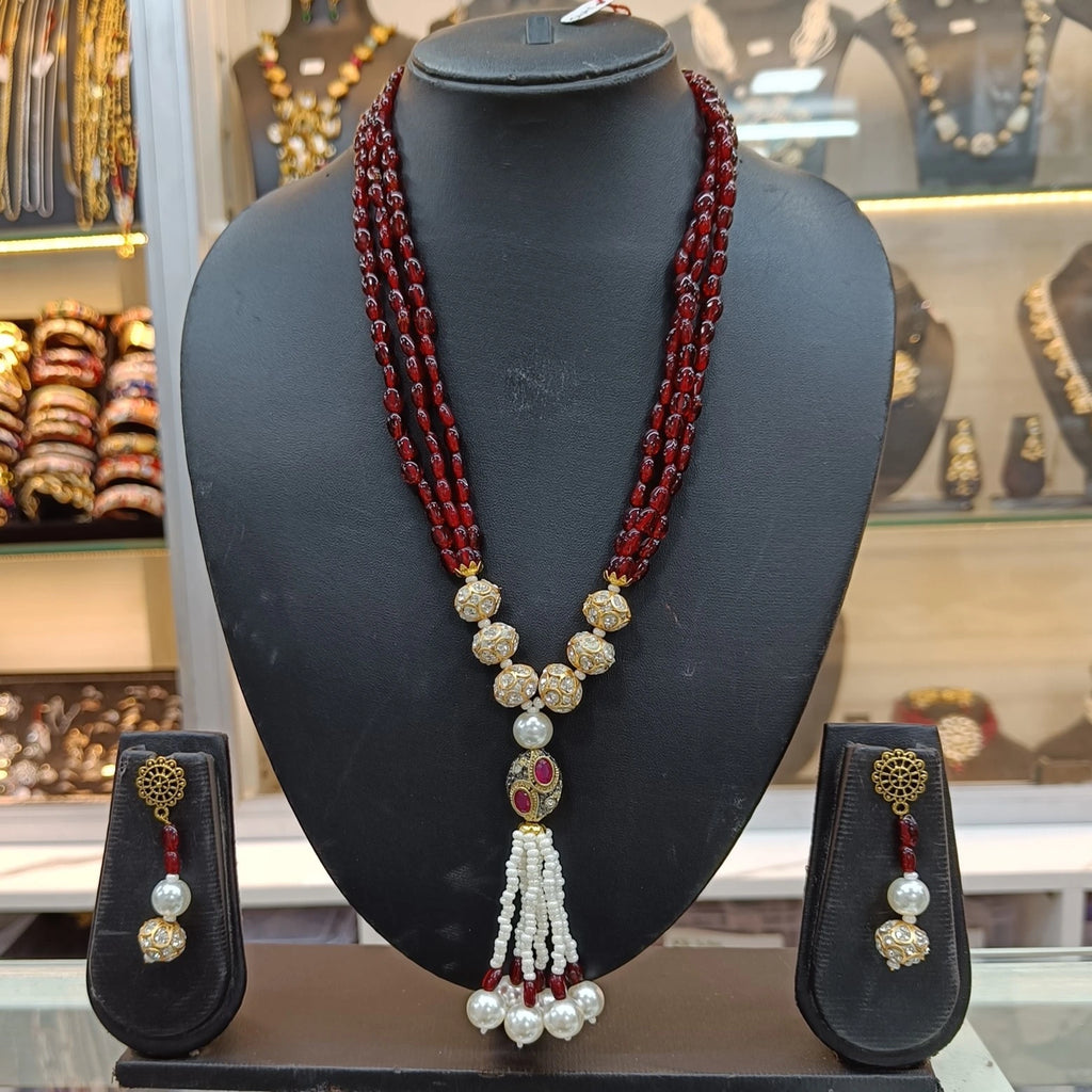Charvi Ethnic Maroon Crystal and Pearl Necklace Earring Set