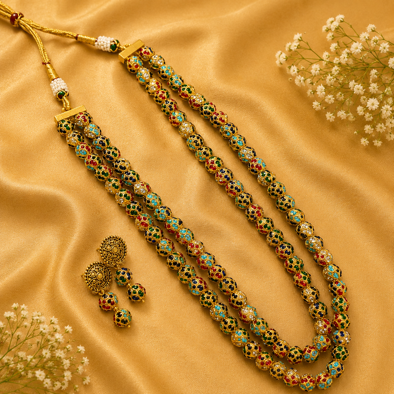 Rangmahal Double Line Multi Colour Semiprecious Stone Mala Necklace Set | JewelOn