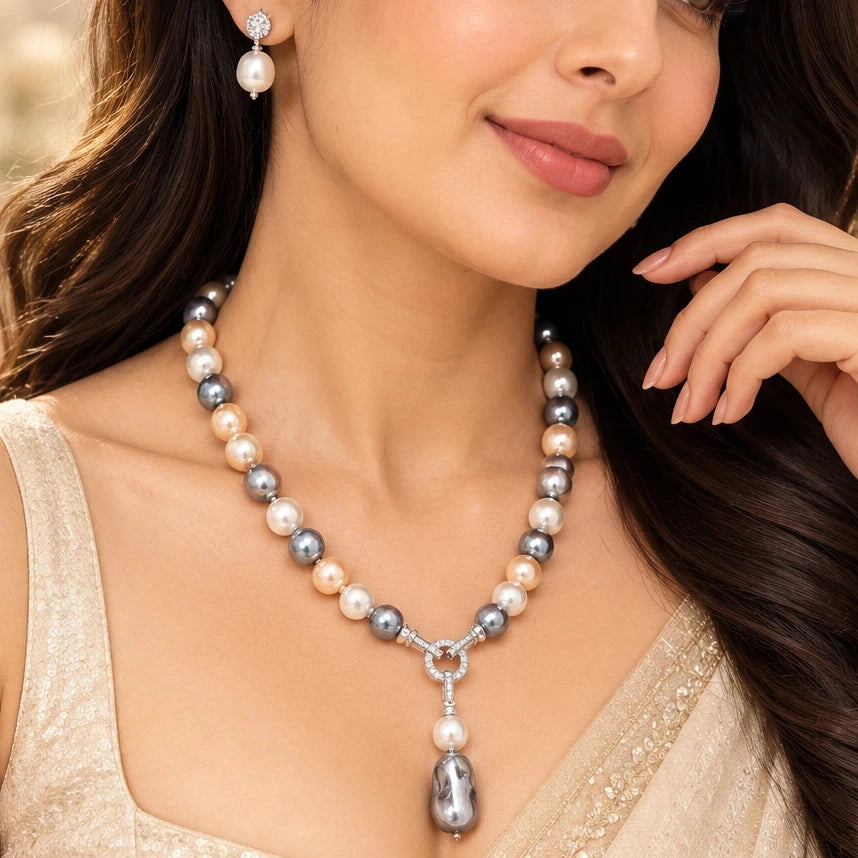 Mukta Shell Pearls Drop Pendant Necklace Set