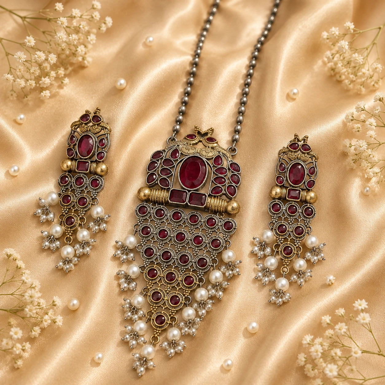 Raktima Dual Tone Silver Golden Oxidise Fusion Necklace Set | JewelOn