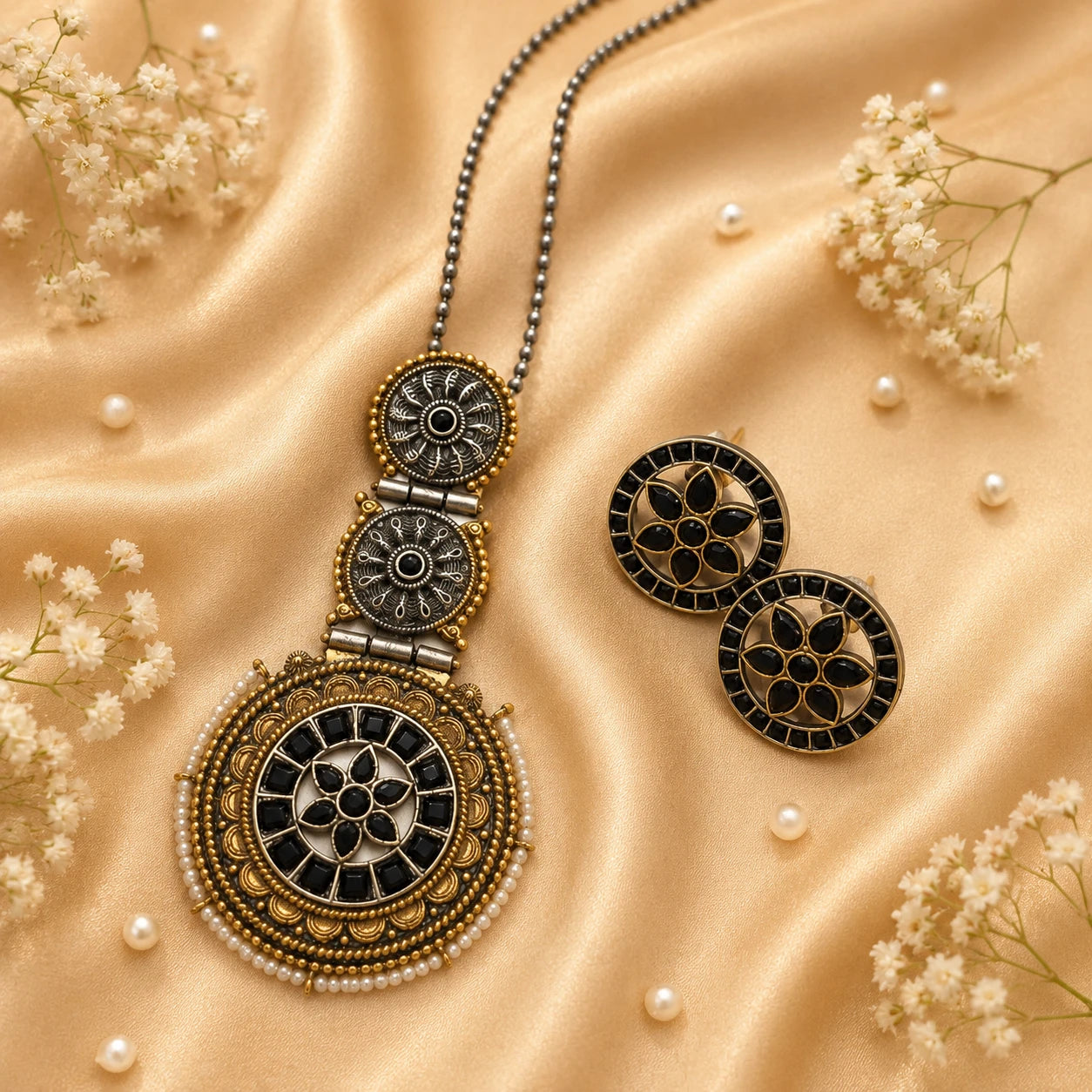 Prisha Black German Silver Long Necklace Set | JewelOn