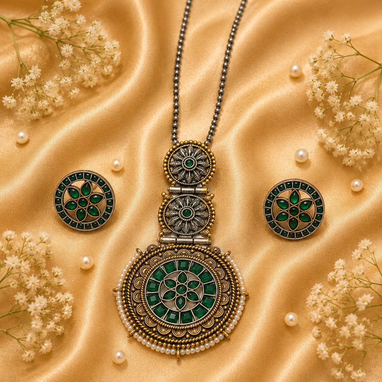 Priya Green German Silver Long Necklace Set | JewelOn