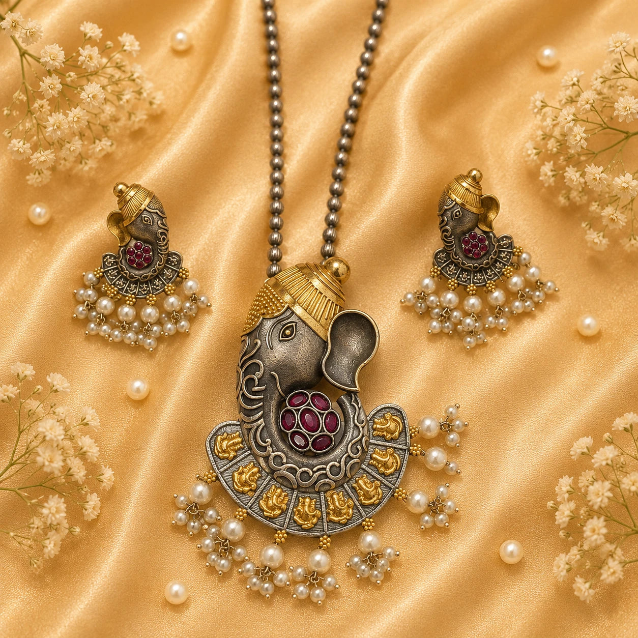 Vighnaharta German Dual Tone Oxidise Golden Ganpati Pendant Fusion Necklace Set | JewelOn