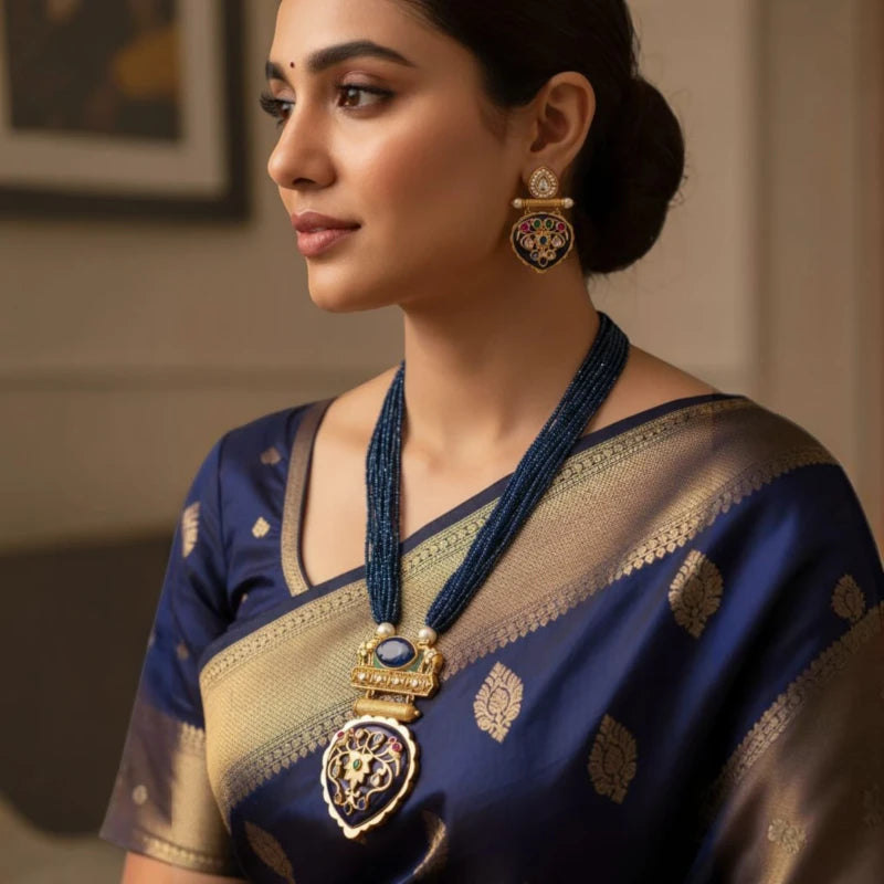 Nilambari Blue Hydro Crystal Brass Pendant Fusion Jewellery Set | JewelOn