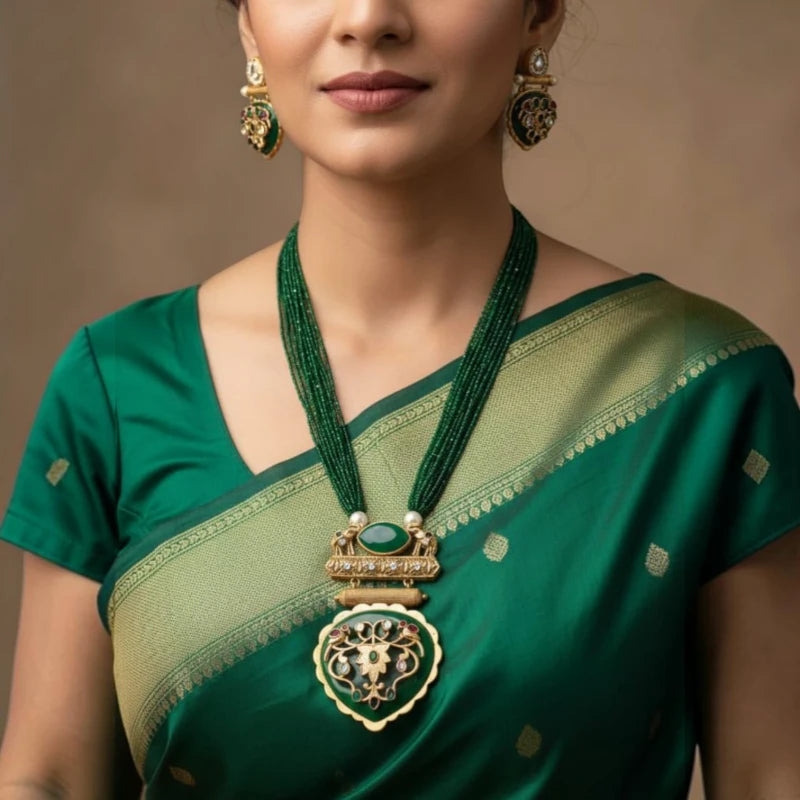 Haritika Green Hydro Crystal Brass Pendant Fusion Jewellery Set | JewelOn