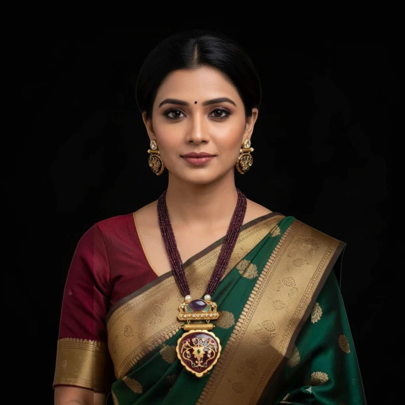 Rangprabha Maroon Hydro Crystal Brass Pendant Fusion Jewellery Set | JewelOn