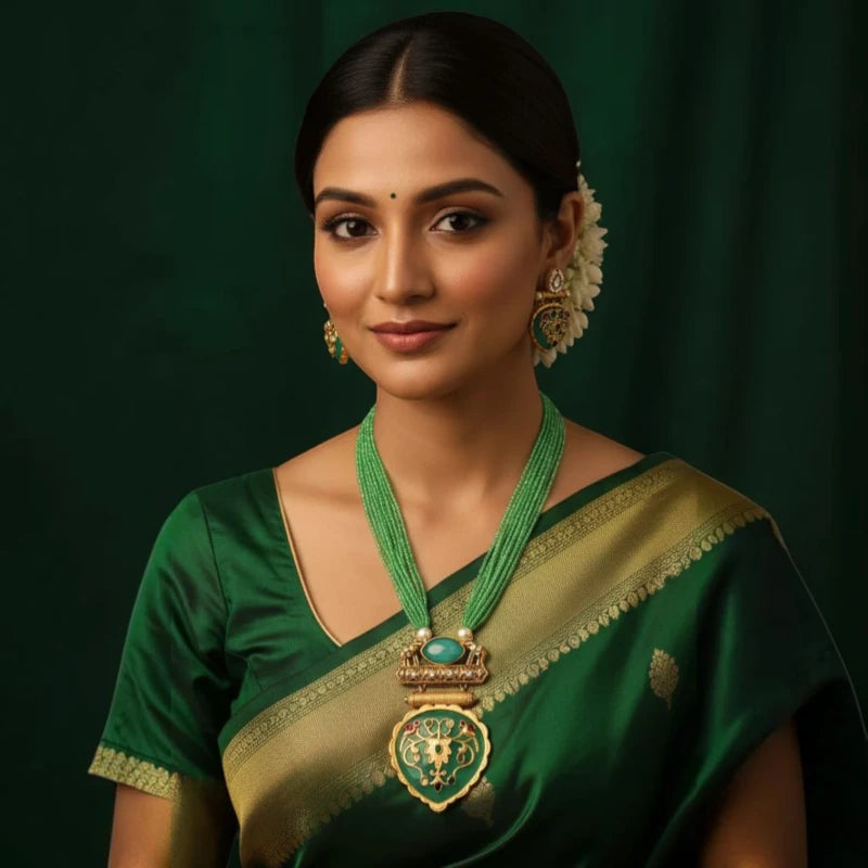 Haritima Mint Green Hydro Crystal Brass Pendant Fusion Jewellery Set | JewelOn