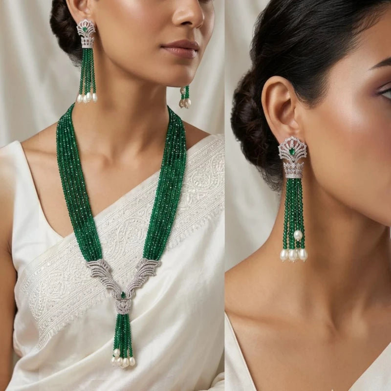Haritamani Green Hydro Crystal & American Diamond Pendant Fusion Jewellery Set | JewelOn