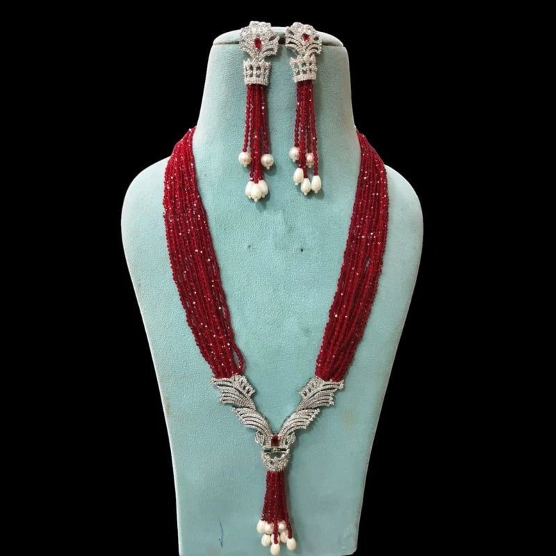 Raktamani Maroon Hydro Crystal & American Diamond Pendant Fusion Jewellery Set | JewelOn
