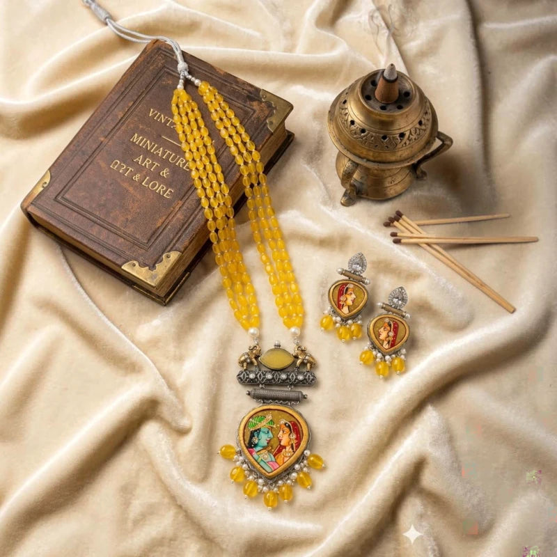 Basanti Yellow Crystal Beads Brass Pendant Fusion Jewellery Set | JewelOn