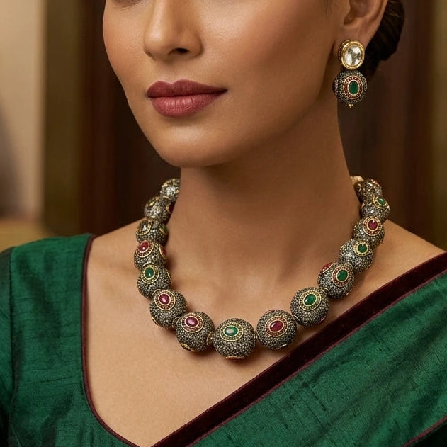 Rangmahal Maroon Fusion Stone Mala Necklace Jewellery Set | JewelOn