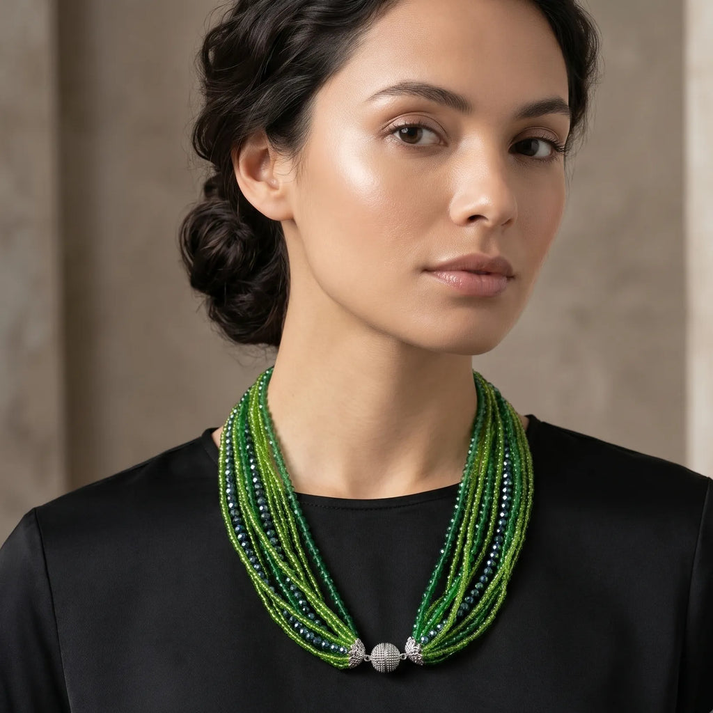 Haritika Green Crystal Beaded Necklace with Magnetic Closure | JewelOn