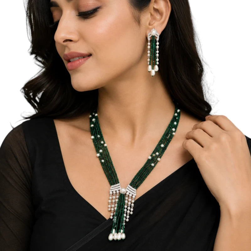 Haritika Green Hydro Crystal Beads Fusion Necklace Set | JewelOn