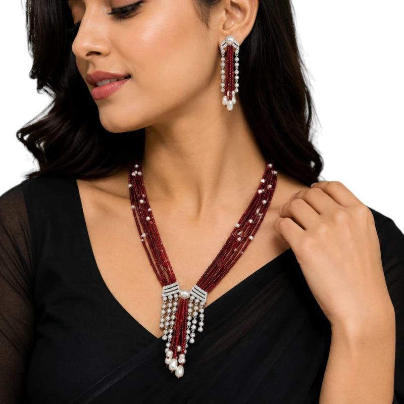 Raktapriya Maroon Hydro Crystal Beads Fusion Necklace Set | JewelOn