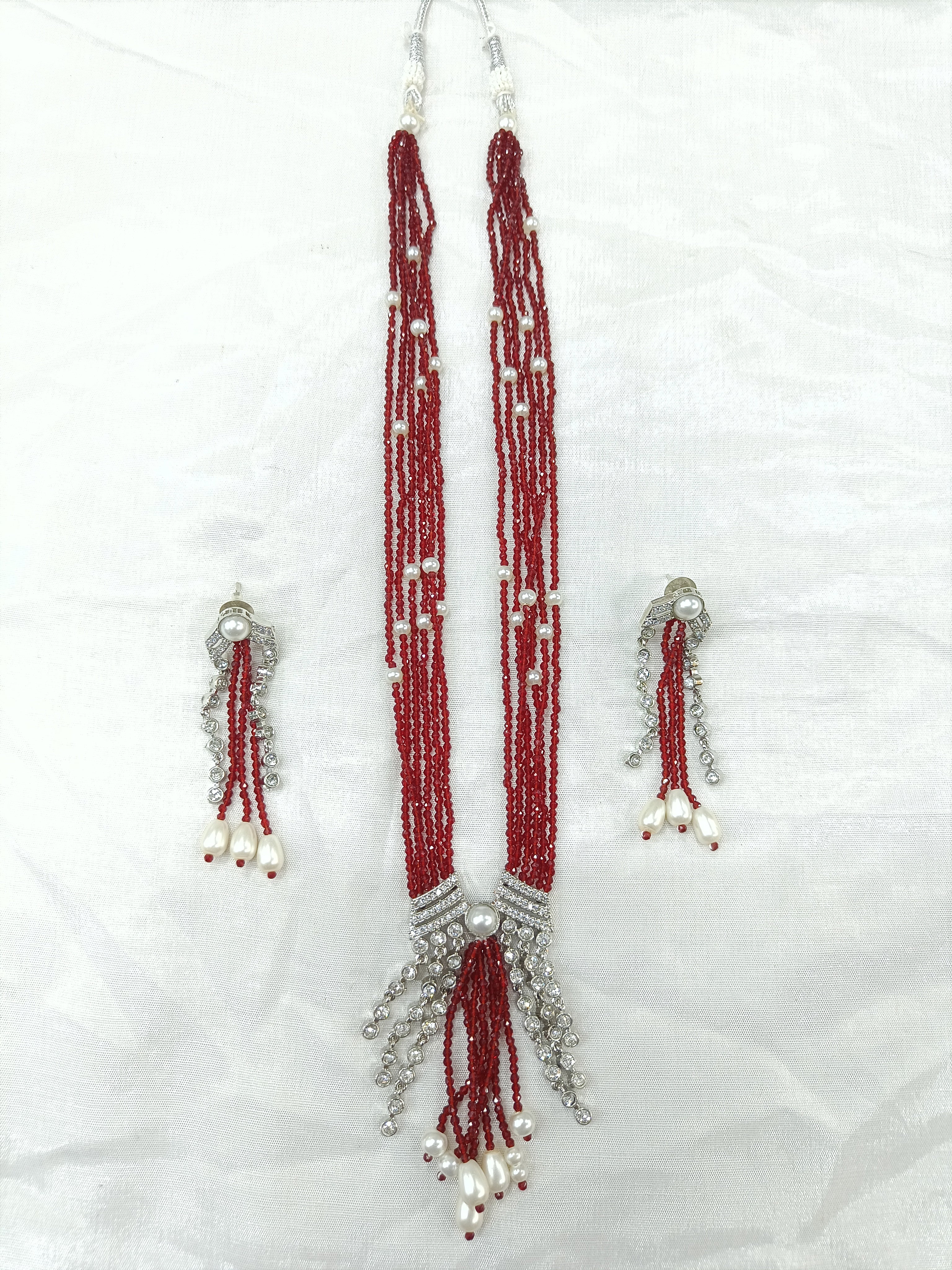 Raktapriya Maroon Hydro Beads Fusion Long Necklace Set | JewelOn