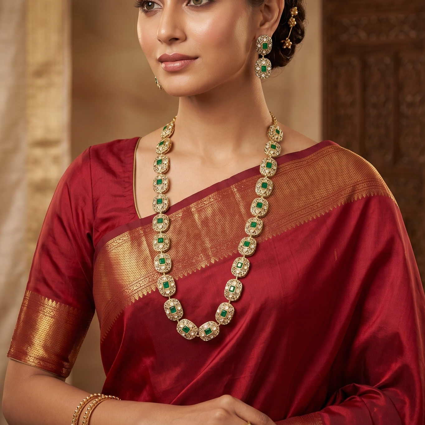 Haritika Brass Fusion Long Jewellery Set with Green Beads | JewelOn