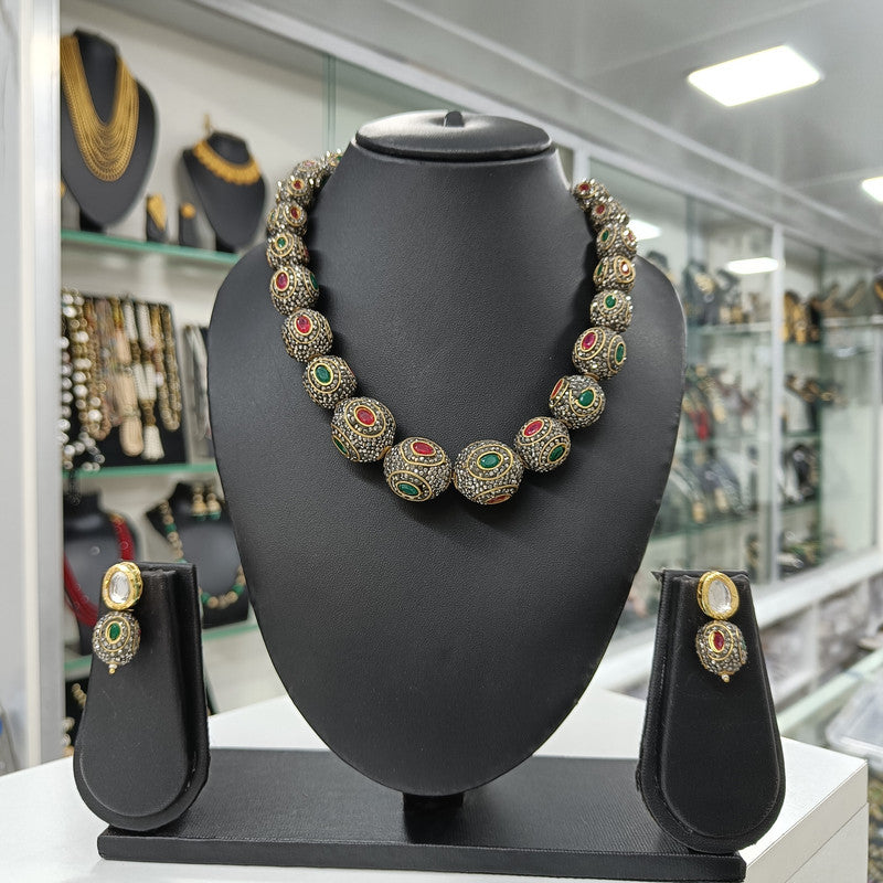 Rangmahal Maroon Fusion Stone Mala Necklace Jewellery Set | JewelOn