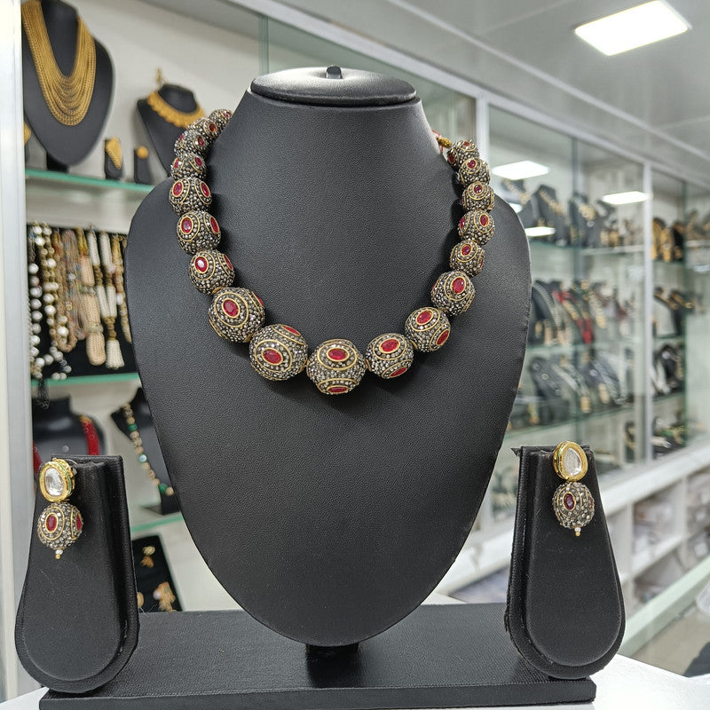 Rangmahal Maroon Stone Fusion Mala Necklace Jewellery Set | JewelOn