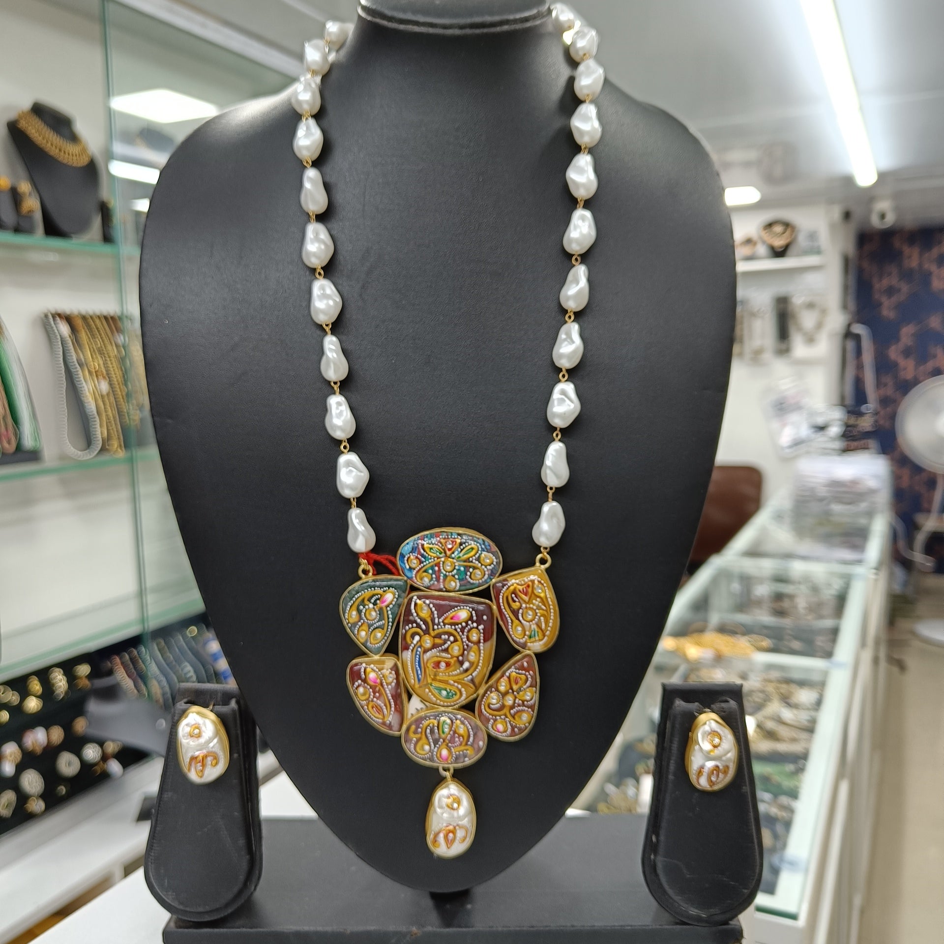 Mopali Big Pendant Meena Work Long MOP Jewellery Set | JewelOn