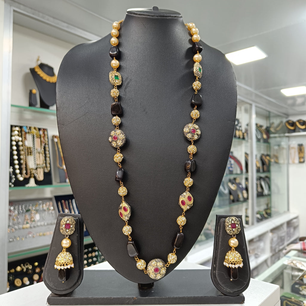 Pathar Dhara Black Stone Brass Fusion Long Necklace Set | JewelOn