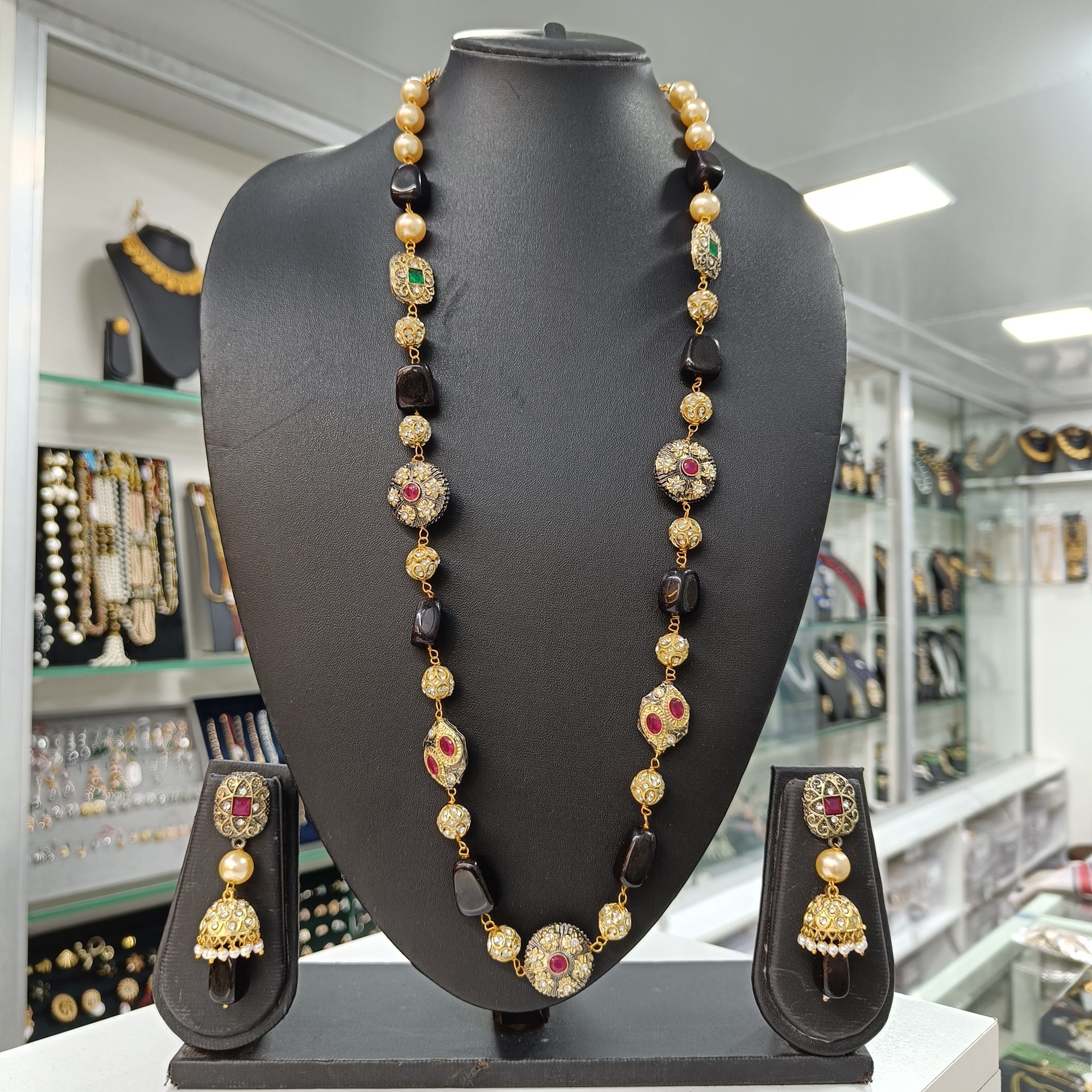 Pathar Dhara Black Stone Brass Fusion Long Necklace Set | JewelOn