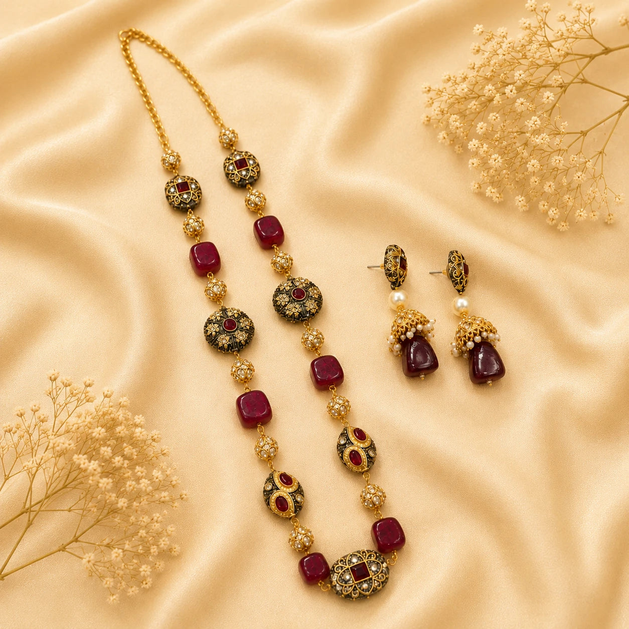Raktamani Fusion Semiprecious Stone Mala Necklace Set | JewelOn