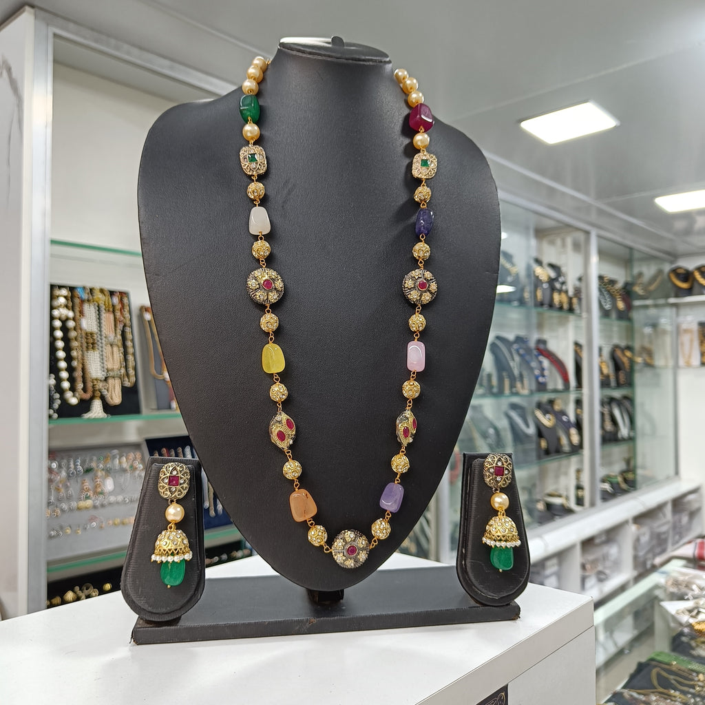 Pathar Dhara Multi Stone Brass Fusion Long Necklace Set | JewelOn