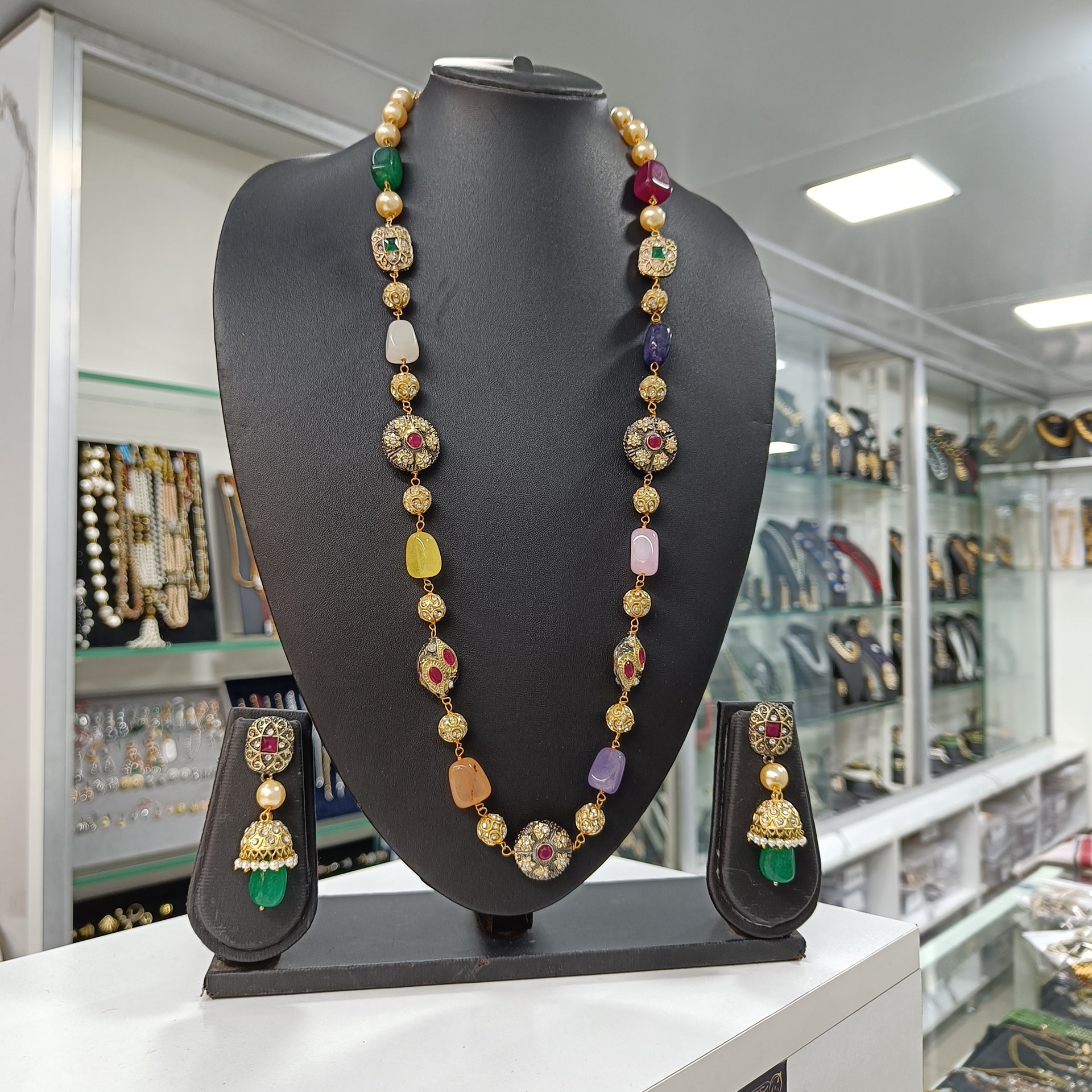 Pathar Dhara Multi Stone Brass Fusion Long Necklace Set | JewelOn