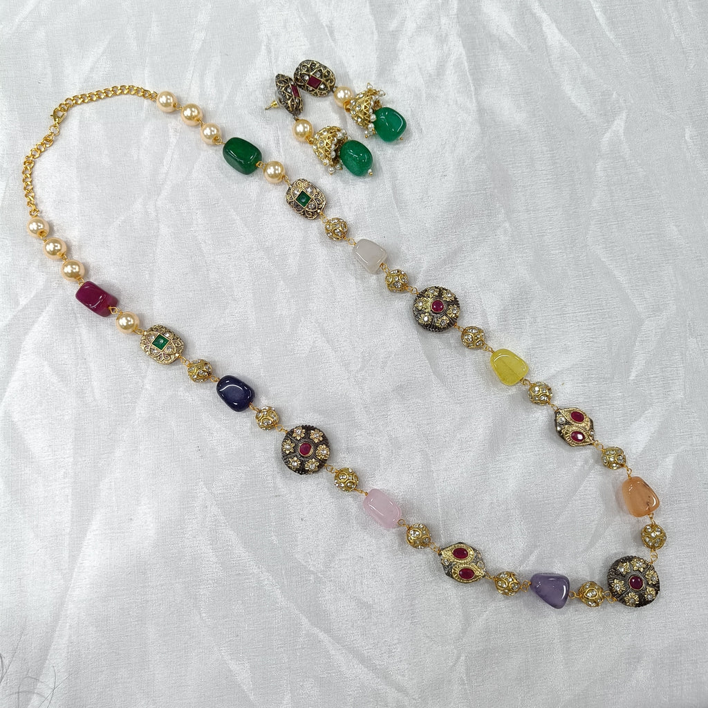 Pathar Dhara Multi Stone Brass Fusion Long Necklace Set | JewelOn