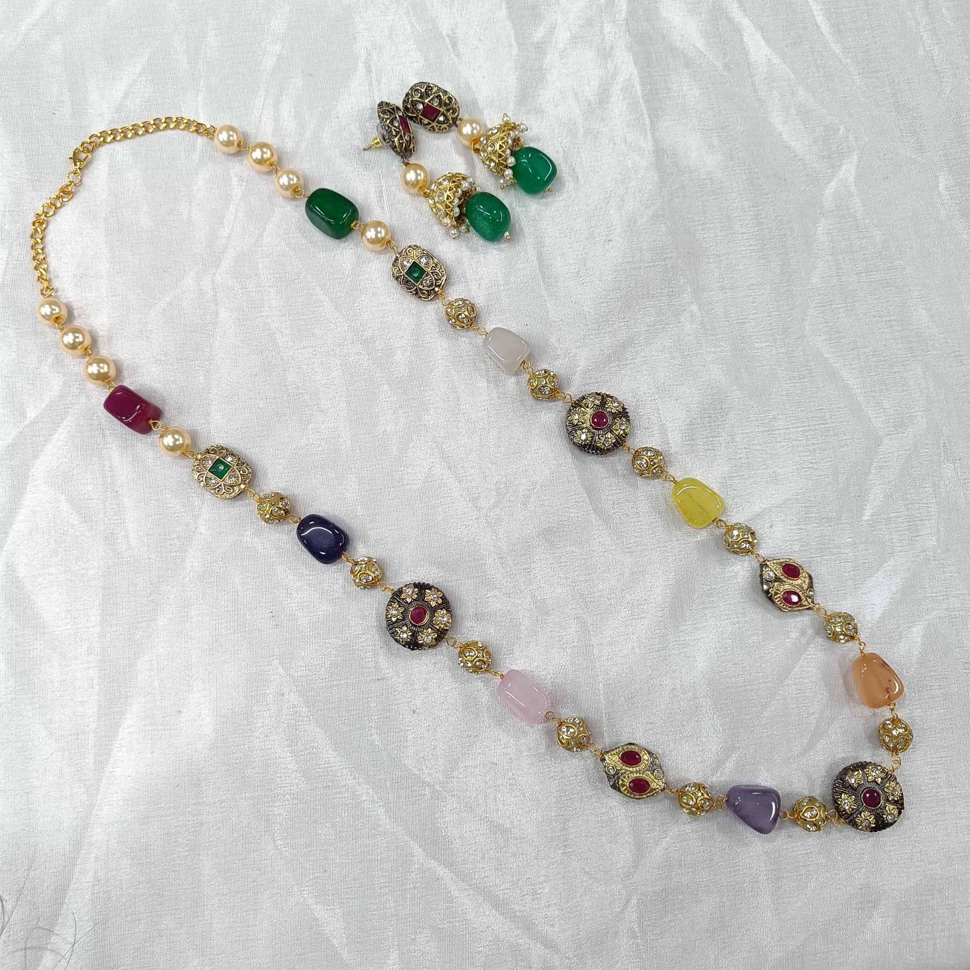 Pathar Dhara Multi Stone Brass Fusion Long Necklace Set | JewelOn