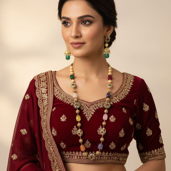 Pathar Dhara Multi Stone Brass Fusion Long Necklace Set | JewelOn