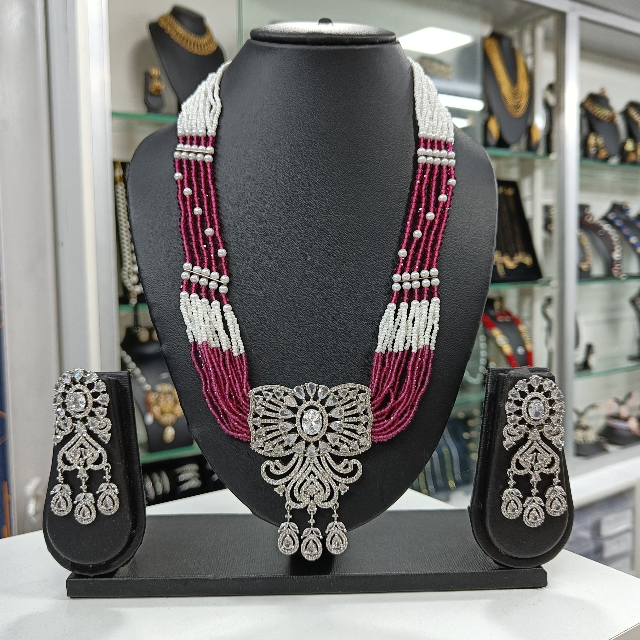 Rajnimani American Diamond Pendant Rani Moti Long Necklace Set | JewelOn