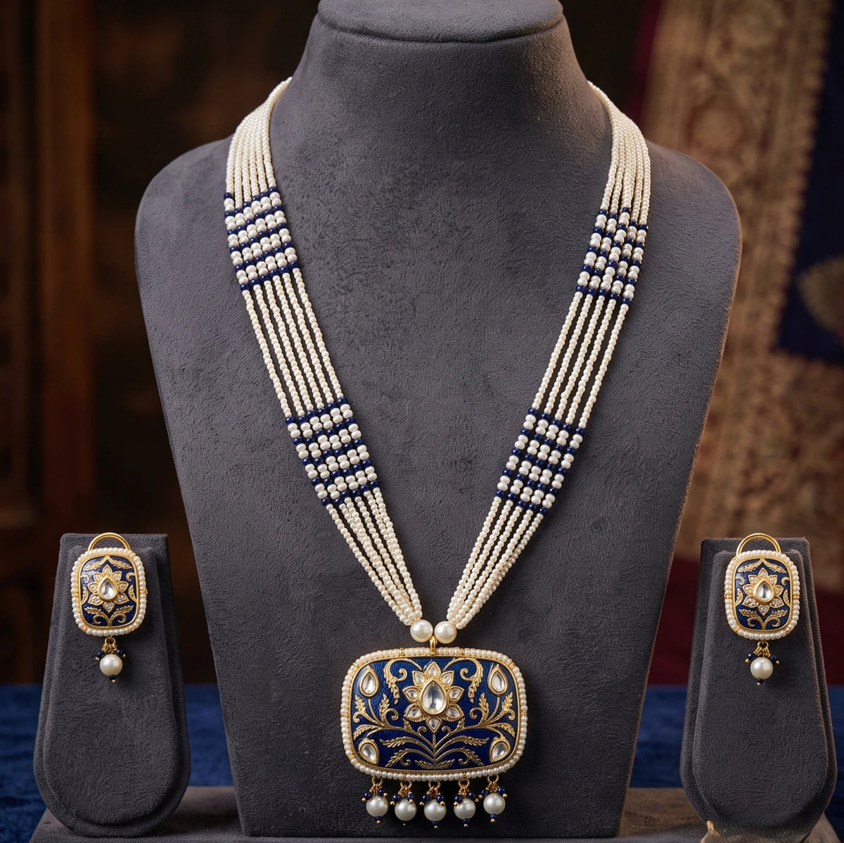 Aarohi Blue Meena Work Square Pendant Earring Necklace Set
