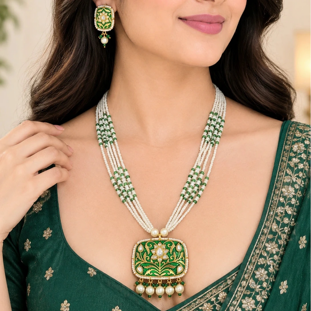 Aarohi Green Meena Work Square Pendant Earring Necklace Set