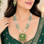 Aarohi Green Meena Work Square Pendant Earring Necklace Set