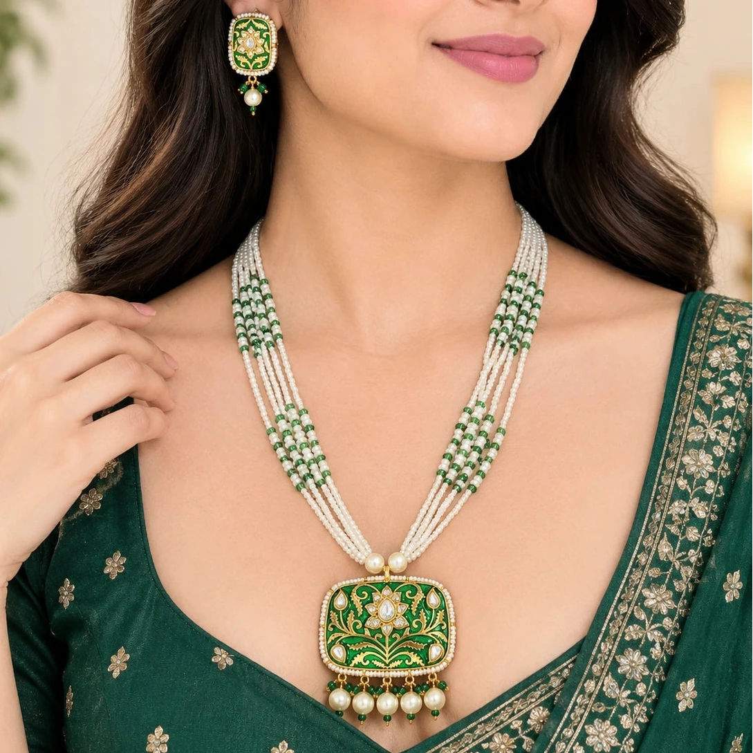 Aarohi Green Meena Work Square Pendant Earring Necklace Set