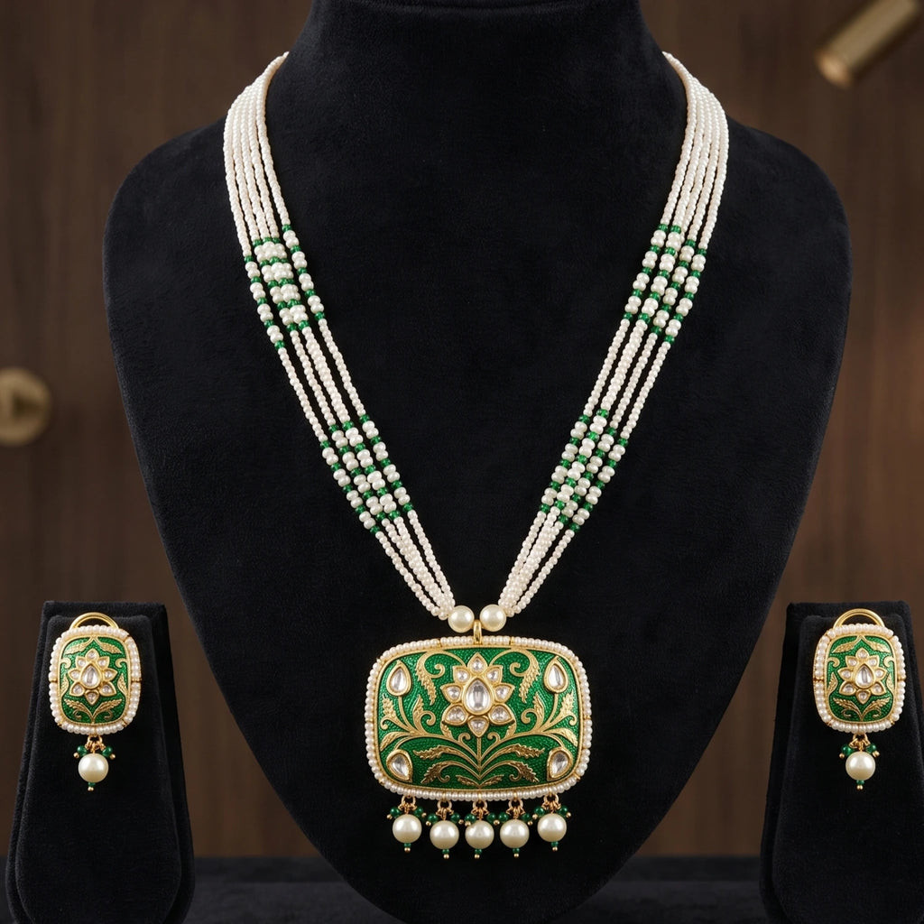 Aarohi Green Meena Work Square Pendant Earring Necklace Set