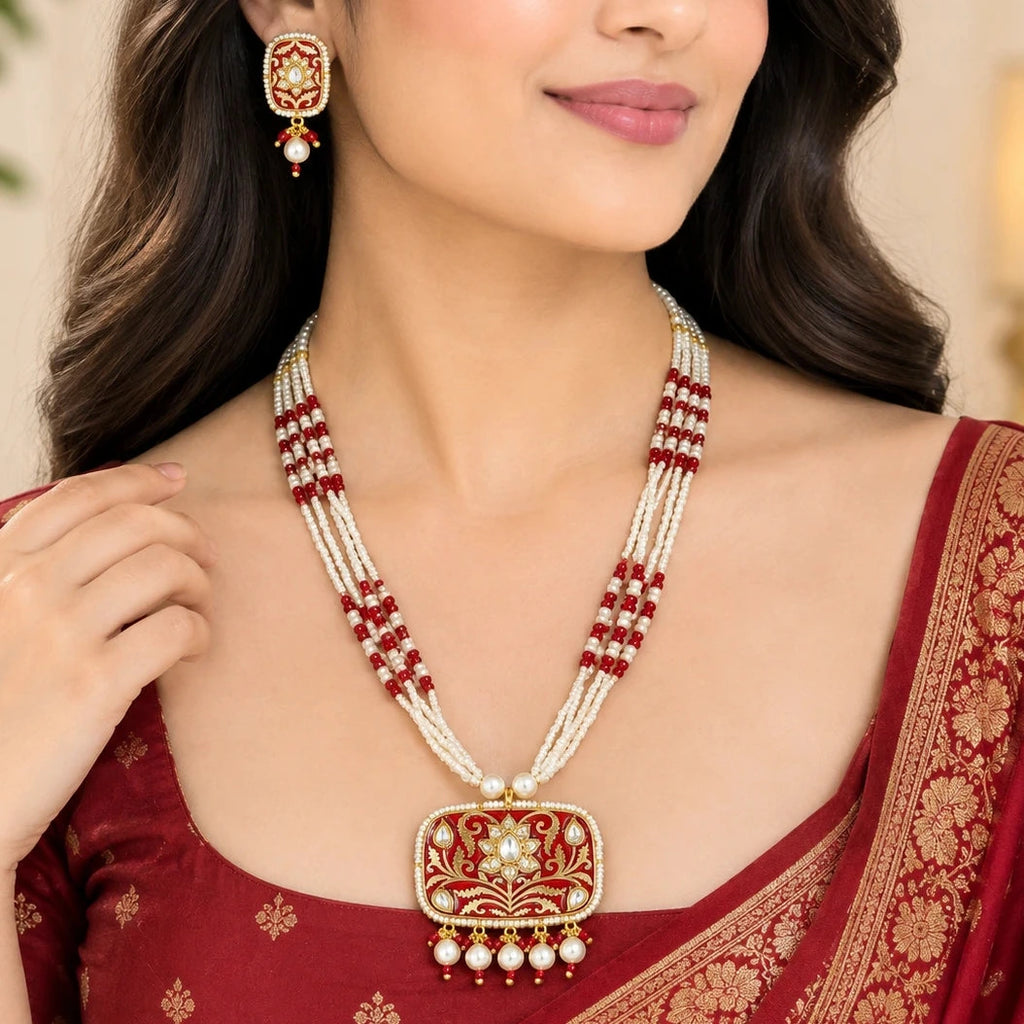 Aarohi Maroon Meena Work Square Pendant Earring Necklace Set