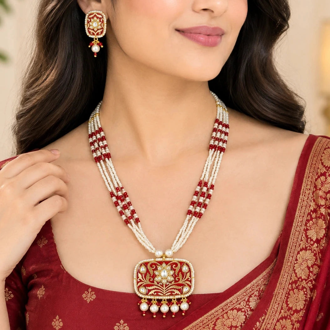 Aarohi Maroon Meena Work Square Pendant Earring Necklace Set