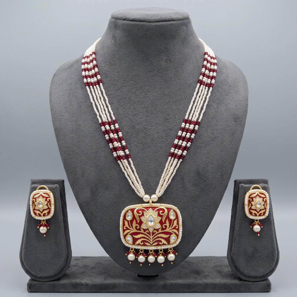 Aarohi Maroon Meena Work Square Pendant Earring Necklace Set