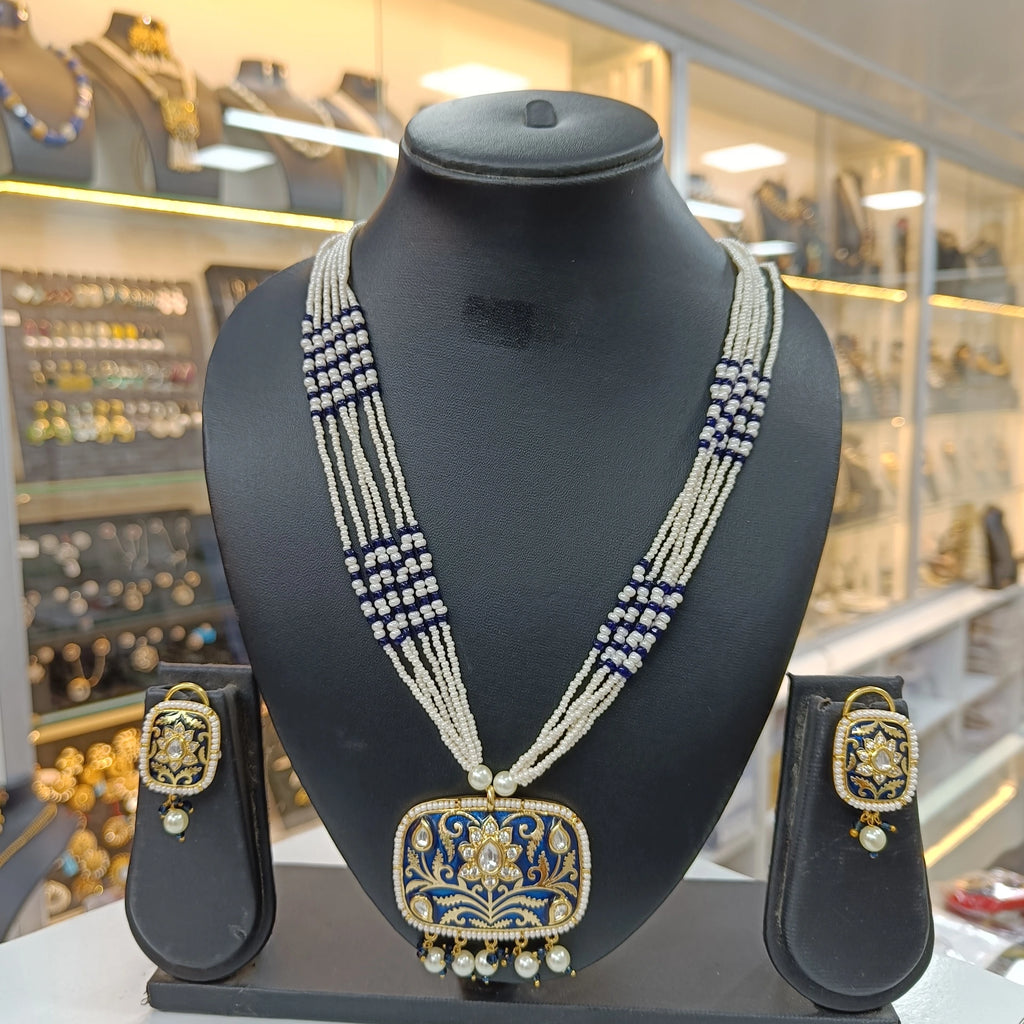 Aarohi Blue Meena Work Square Pendant Earring Necklace Set