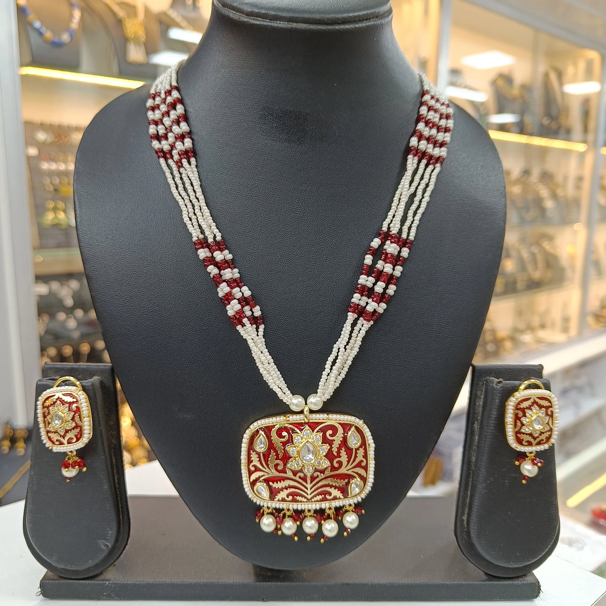 Aarohi Maroon Meena Work Square Pendant Earring Necklace Set