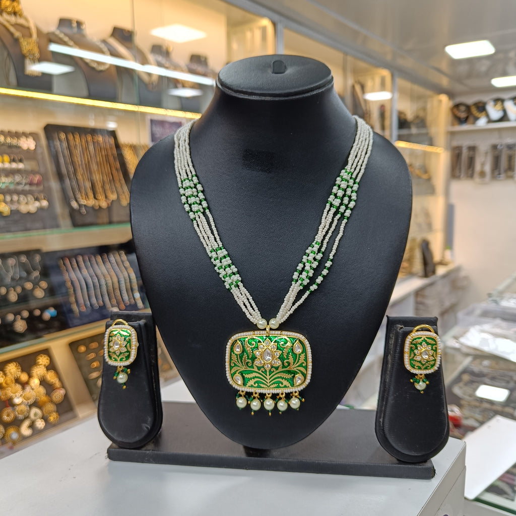 Aarohi Green Meena Work Square Pendant Earring Necklace Set