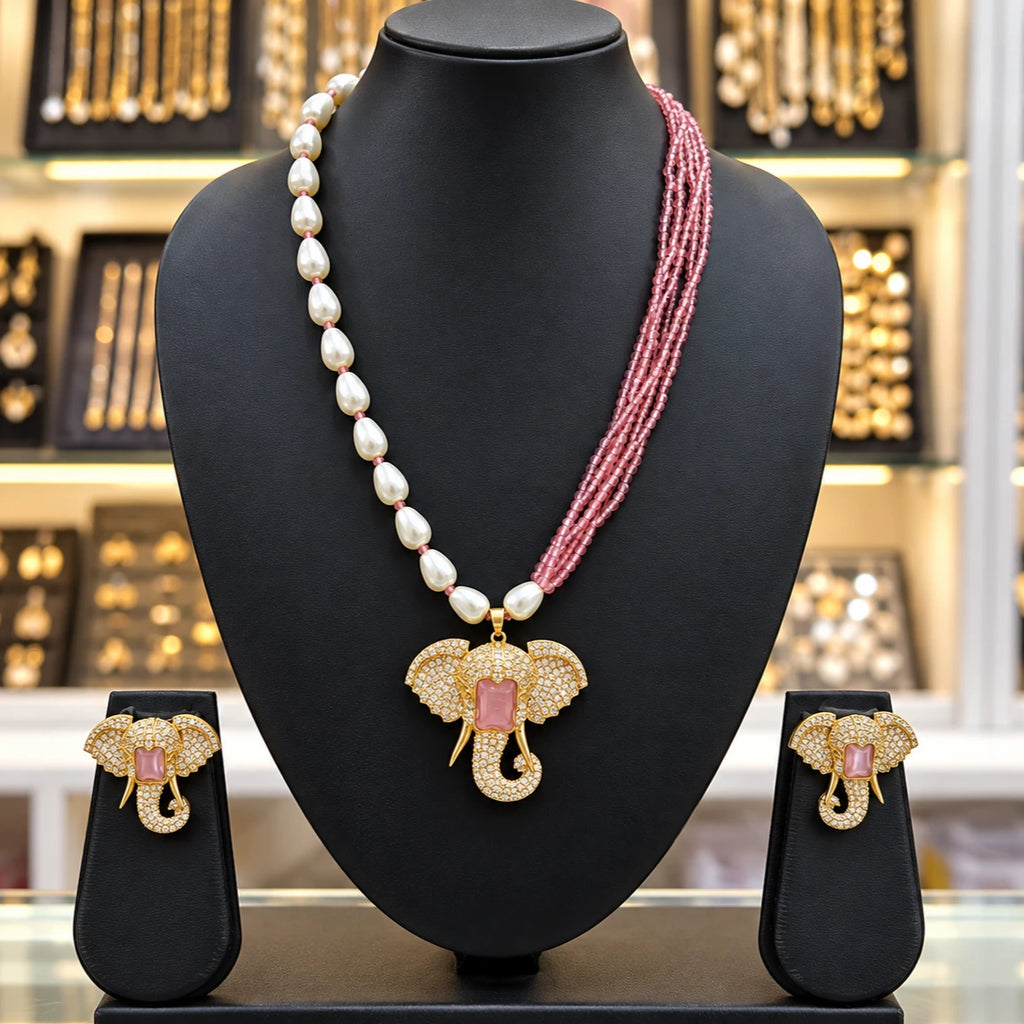 Ganesha American Diamond Pendant Earring Necklace Set