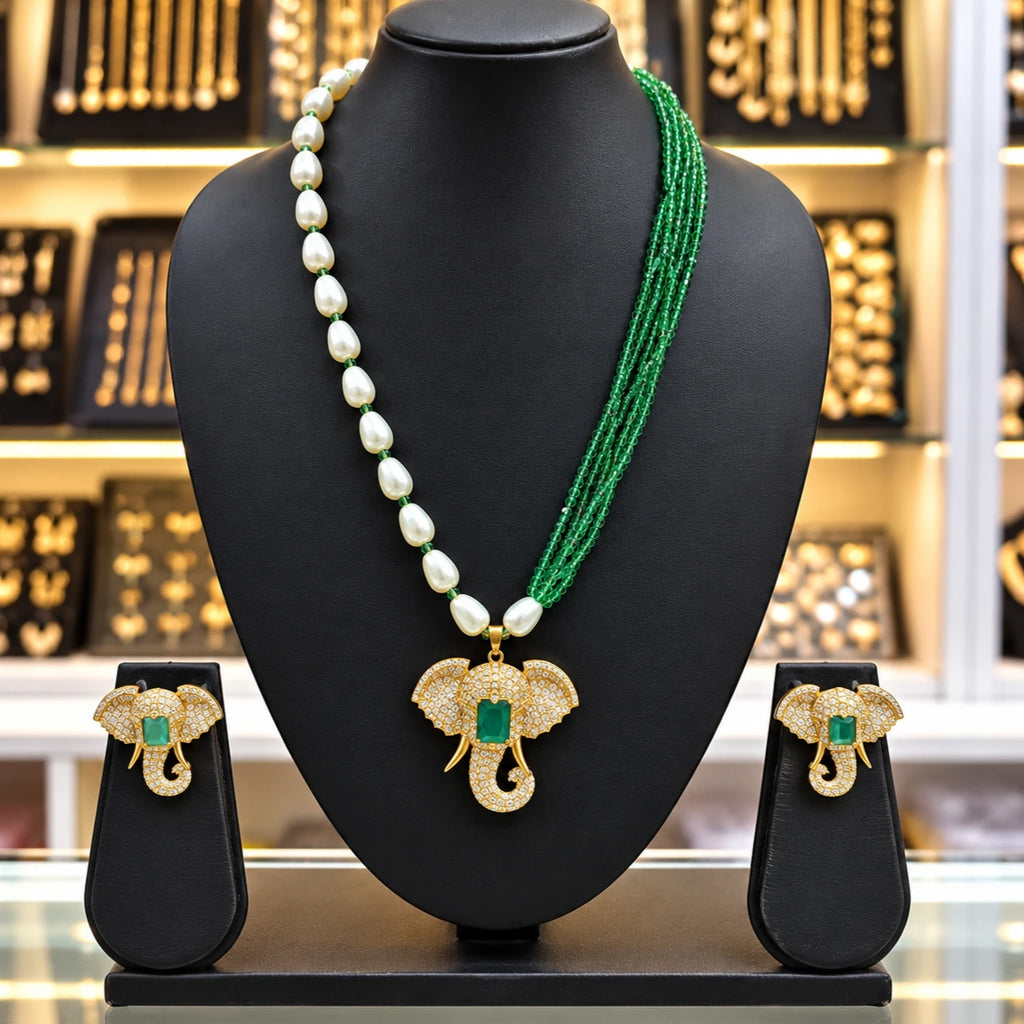 Ganesha American Diamond Pendant Earring Necklace Set