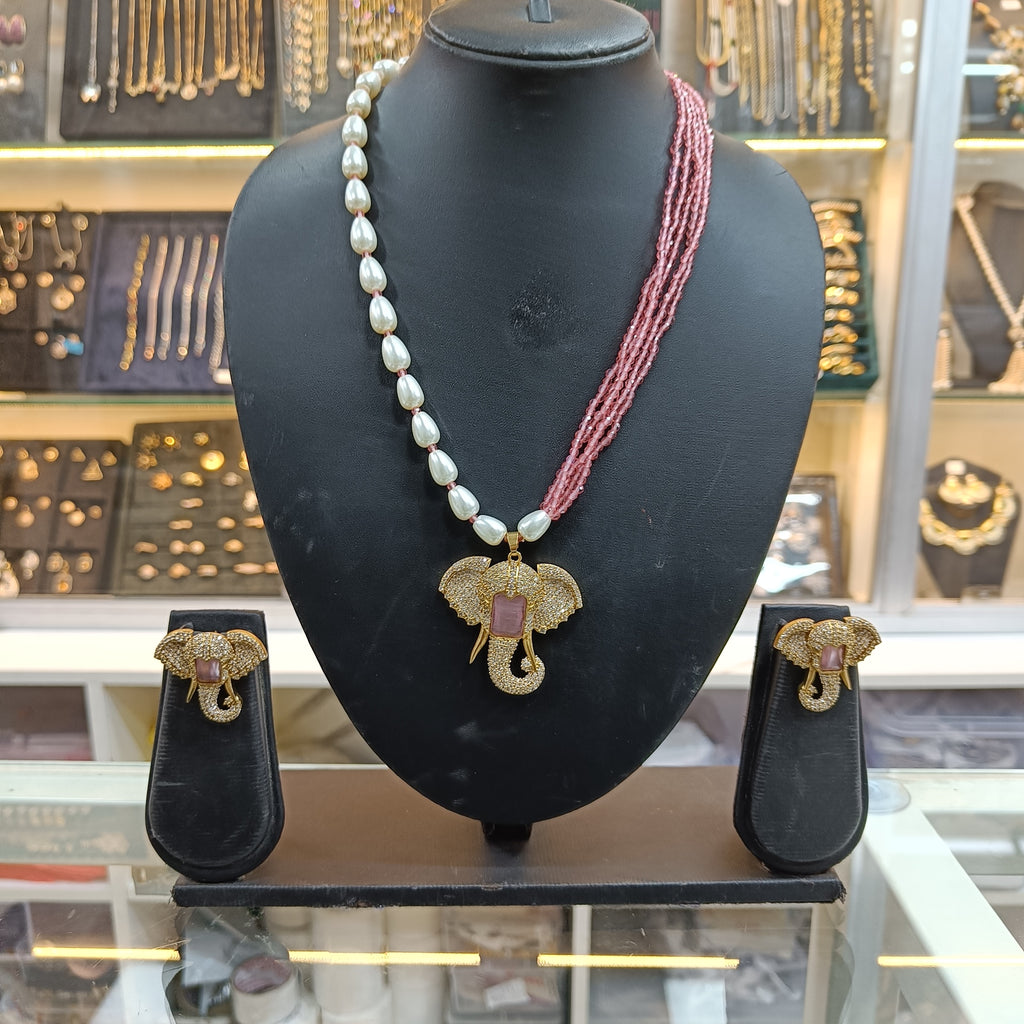 Ganesha American Diamond Pendant Earring Necklace Set