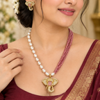 Ganesha American Diamond Pendant Earring Baby Pink Necklace Set