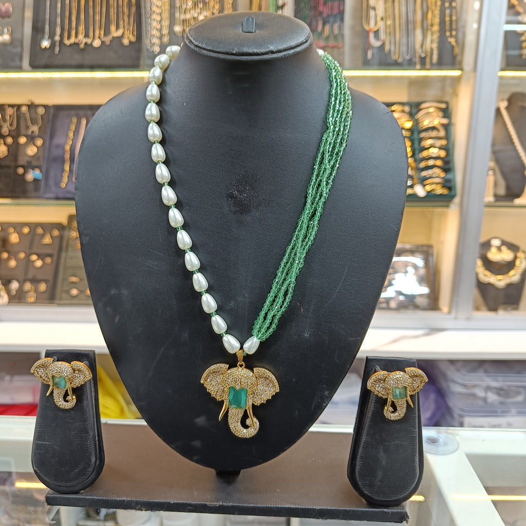 Ganesha American Diamond Pendant Earring Necklace Set