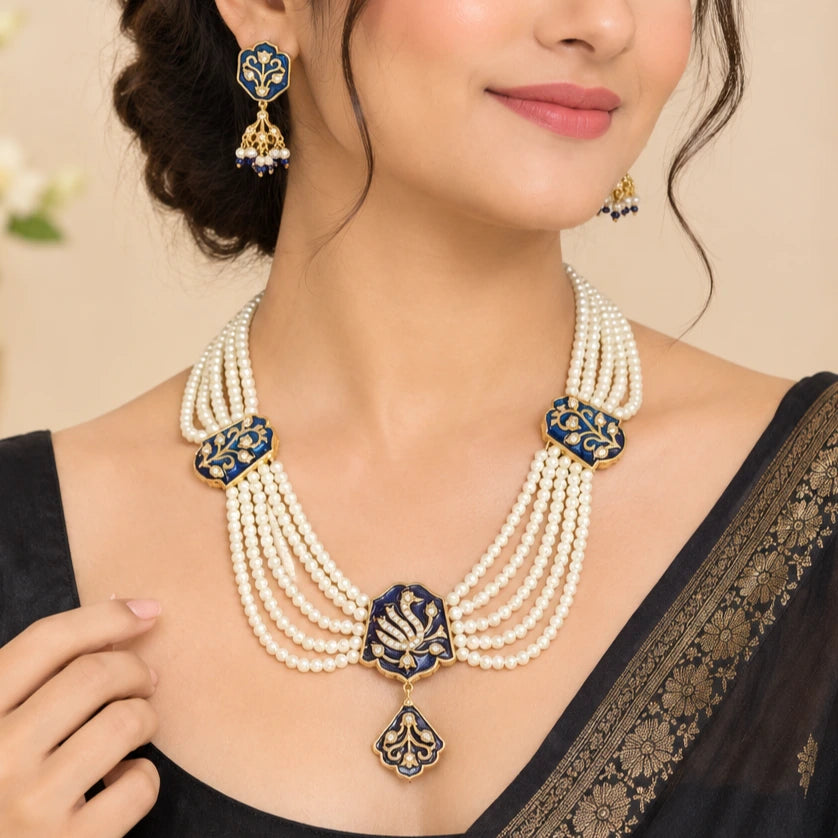 Navya Meena American Diamond White Moti Blue Necklace Set