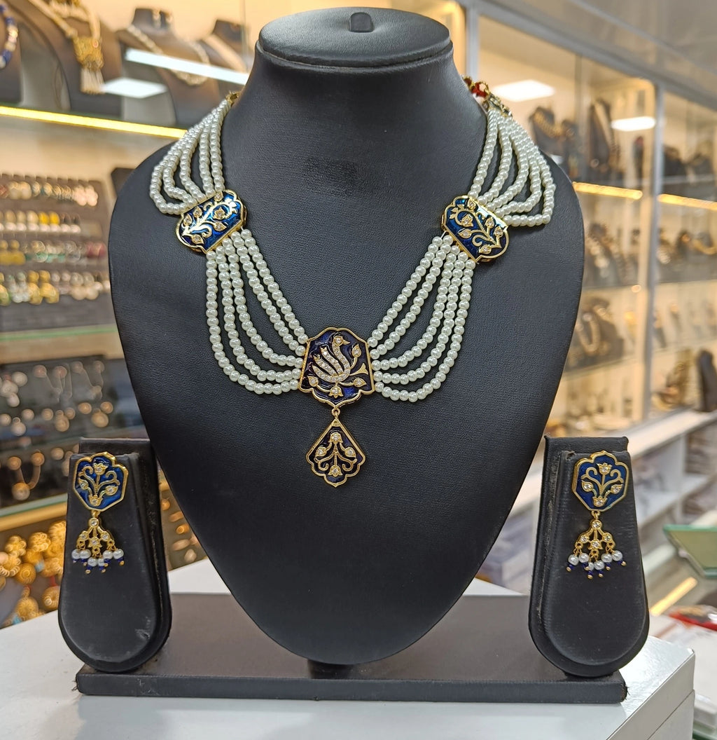 Navya Meena American Diamond White Moti Blue Necklace Set